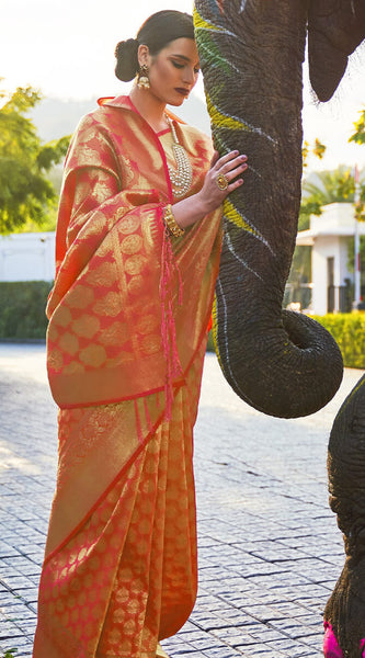 Charming Orange Kanjivaram Silk Saree With Skinny Blouse Piece