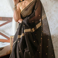 Delightful Black Cotton Silk Saree With Murmurous Blouse Piece