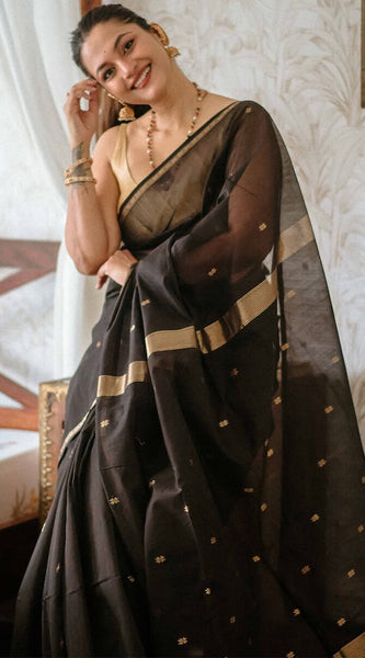 Delightful Black Cotton Silk Saree With Murmurous Blouse Piece