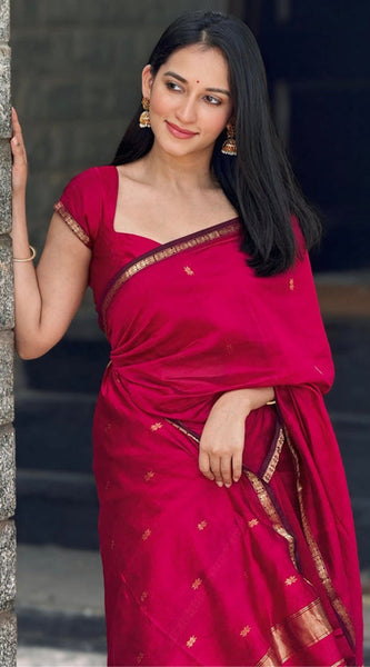 Deserving Dark Pink Cotton Silk Saree With Gorgeous Blouse Piece