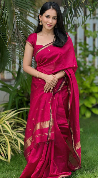 Deserving Dark Pink Cotton Silk Saree With Gorgeous Blouse Piece