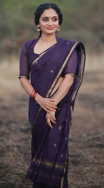 Pleasurable Purple Cotton Silk Saree With Imaginative Blouse Piece