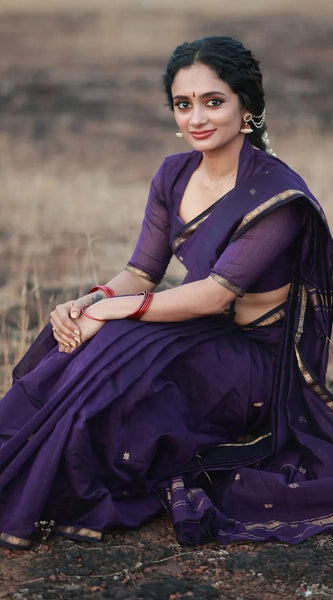 Pleasurable Purple Cotton Silk Saree With Imaginative Blouse Piece