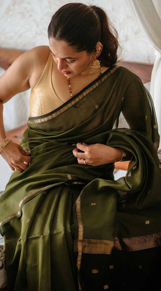 Precious Green Cotton Silk Saree With Gratifying Blouse Piece