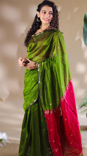 Opulent Green Cotton Silk Saree With Demanding Blouse Piece