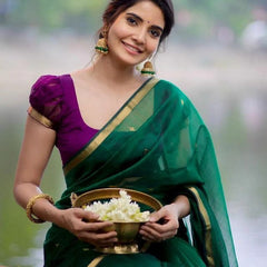 Attractive Green Cotton Silk Saree With Flaunt Blouse Piece