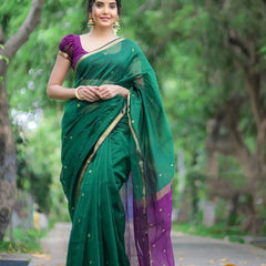 Attractive Green Cotton Silk Saree With Flaunt Blouse Piece