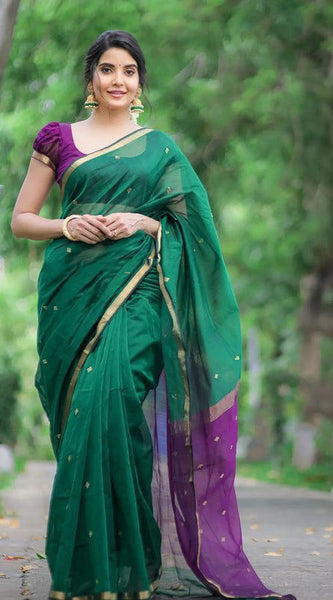 Attractive Green Cotton Silk Saree With Flaunt Blouse Piece