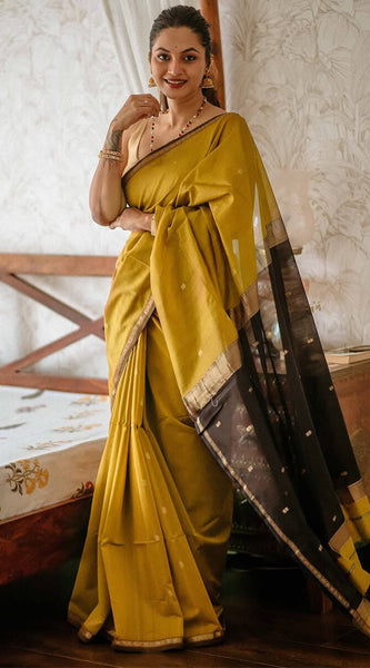 Gleaming Mustard Cotton Silk Saree With Classy Blouse Piece