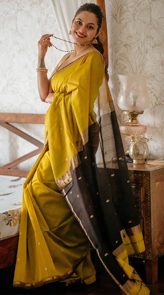Gleaming Mustard Cotton Silk Saree With Classy Blouse Piece