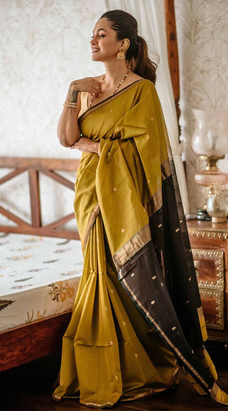 Gleaming Mustard Cotton Silk Saree With Classy Blouse Piece