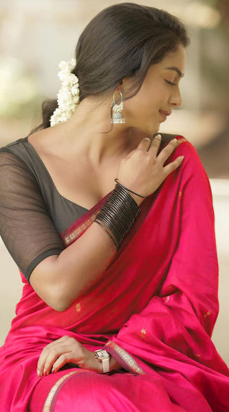 Pretty Dark Pink Cotton Silk Saree With Deserving Blouse Piece