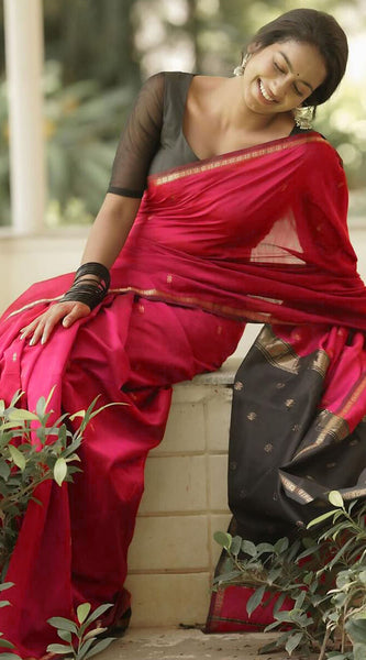 Pretty Dark Pink Cotton Silk Saree With Deserving Blouse Piece