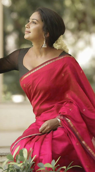Pretty Dark Pink Cotton Silk Saree With Deserving Blouse Piece