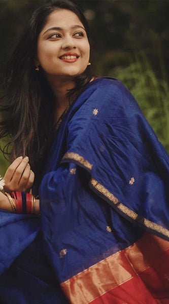 Exquisite Navy Blue Cotton Silk Saree With Ailurophile Blouse Piece