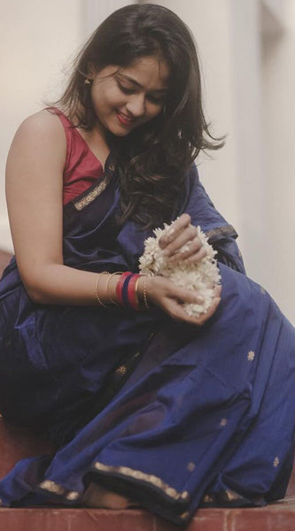 Exquisite Navy Blue Cotton Silk Saree With Ailurophile Blouse Piece