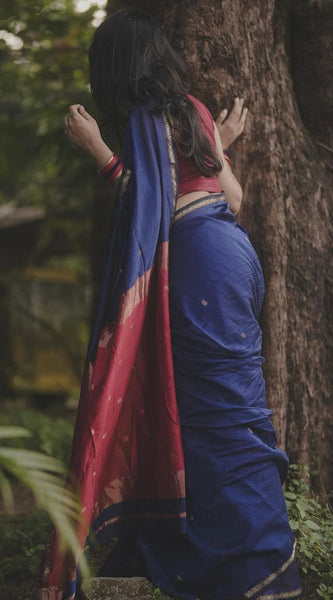 Exquisite Navy Blue Cotton Silk Saree With Ailurophile Blouse Piece