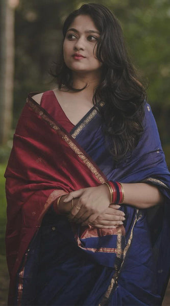 Exquisite Navy Blue Cotton Silk Saree With Ailurophile Blouse Piece