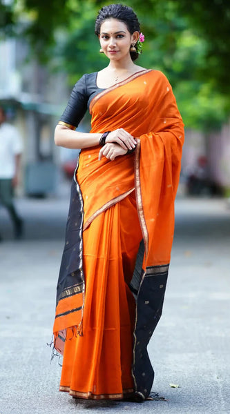 Enigmatic Orange Cotton Silk Saree With Panache Blouse Piece