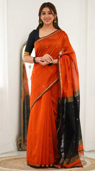 Luminous Orange Cotton Silk Saree With Scintillating Blouse Piece