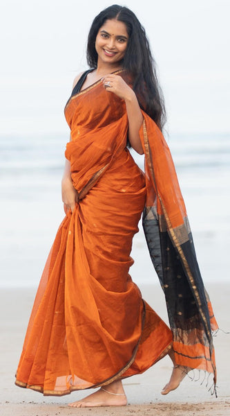 Unique Orange Cotton Silk Saree With Energetic Blouse Piece