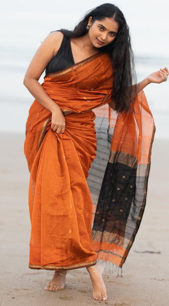 Unique Orange Cotton Silk Saree With Energetic Blouse Piece