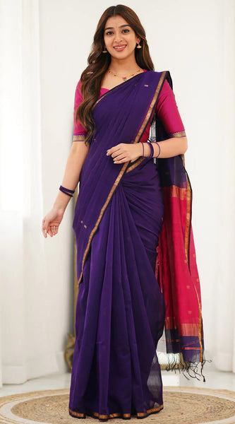 Ethereal Purple Cotton Silk Saree With Quixotic Blouse Piece