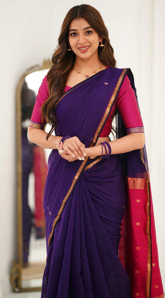 Ethereal Purple Cotton Silk Saree With Quixotic Blouse Piece