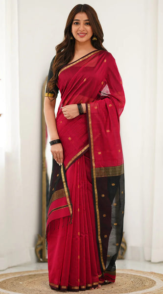 Seraphic Red Cotton Silk Saree With Mellifluous Blouse Piece