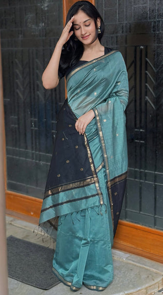 Classy Sea Green Cotton Silk Saree With Gratifying  Blouse Piece