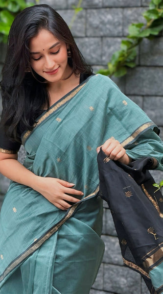 Classy Sea Green Cotton Silk Saree With Gratifying  Blouse Piece