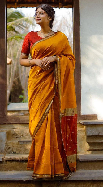Serendipity Yellow Cotton Silk Saree With Enchanting Blouse Piece