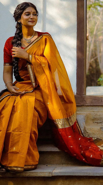 Serendipity Yellow Cotton Silk Saree With Enchanting Blouse Piece