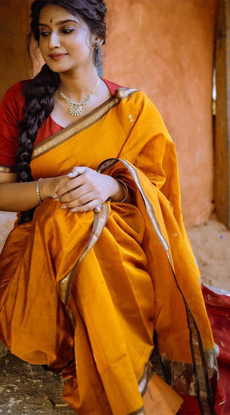 Serendipity Yellow Cotton Silk Saree With Enchanting Blouse Piece