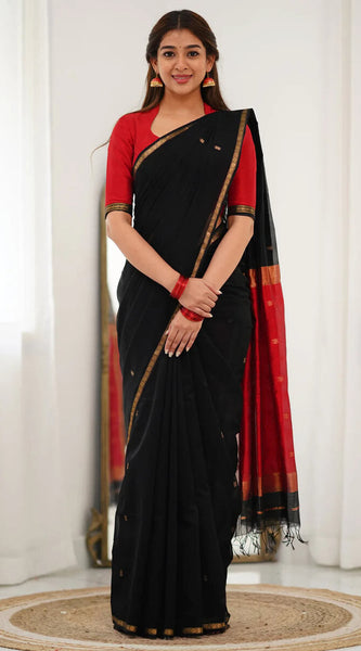 Embellished Black Cotton Silk Saree With Ethereal Blouse Piece