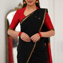 Embellished Black Cotton Silk Saree With Ethereal Blouse Piece