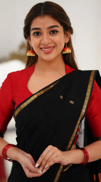 Embellished Black Cotton Silk Saree With Ethereal Blouse Piece