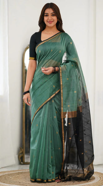 Vibrant Sea Green Cotton Silk Saree With Inimitable Blouse Piece