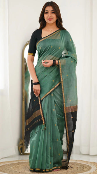 Vibrant Sea Green Cotton Silk Saree With Inimitable Blouse Piece