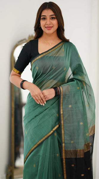 Vibrant Sea Green Cotton Silk Saree With Inimitable Blouse Piece