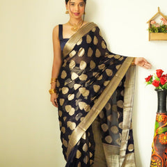 Tempting 1-Minute Ready To Wear Black Soft Silk Saree