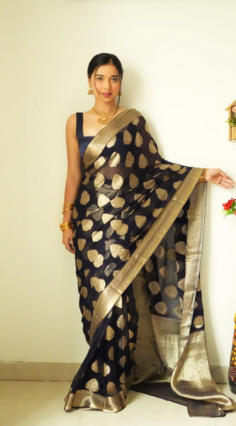 Tempting 1-Minute Ready To Wear Black Soft Silk Saree