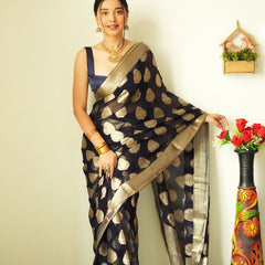 Tempting 1-Minute Ready To Wear Black Soft Silk Saree