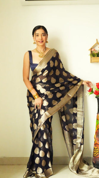 Tempting 1-Minute Ready To Wear Black Soft Silk Saree
