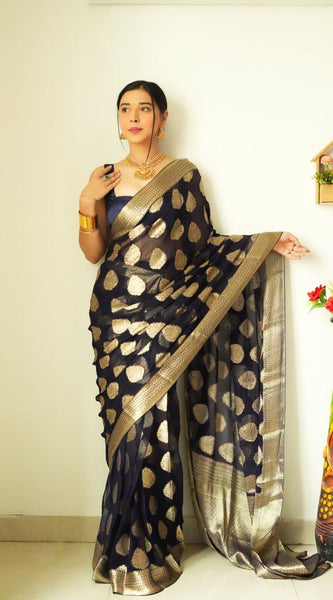 Tempting 1-Minute Ready To Wear Black Soft Silk Saree
