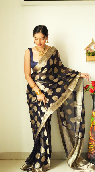 Tempting 1-Minute Ready To Wear Black Soft Silk Saree