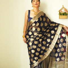 Tempting 1-Minute Ready To Wear Black Soft Silk Saree