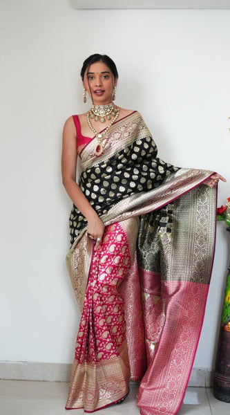 Attractive 1-Minute Ready To Wear Black Soft Silk Saree