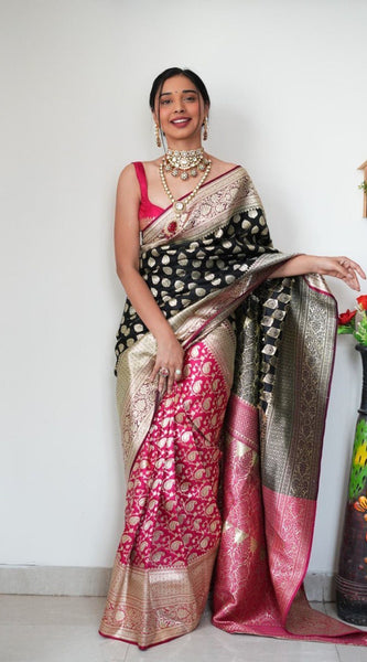 Attractive 1-Minute Ready To Wear Black Soft Silk Saree