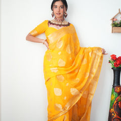Classy 1-Minute Ready To Wear Yellow Cotton Silk Saree